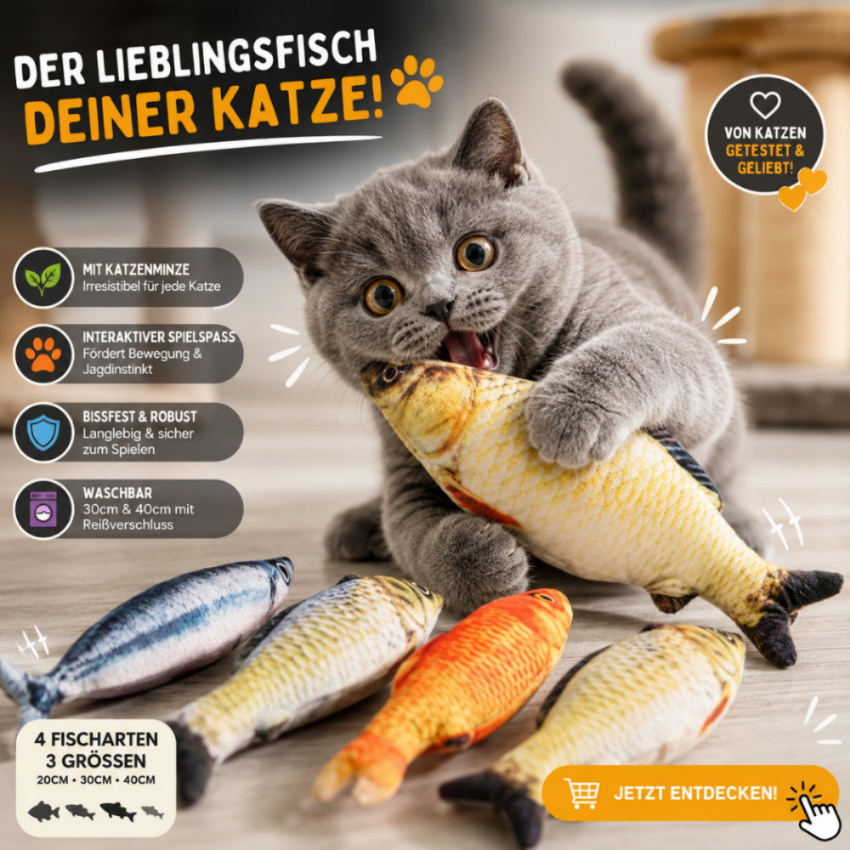 ✨ Katzoria™ Magic Fish – Realistischer 3D-Plüschfisch mit Katzenminze für glückliche und aktive Katzen