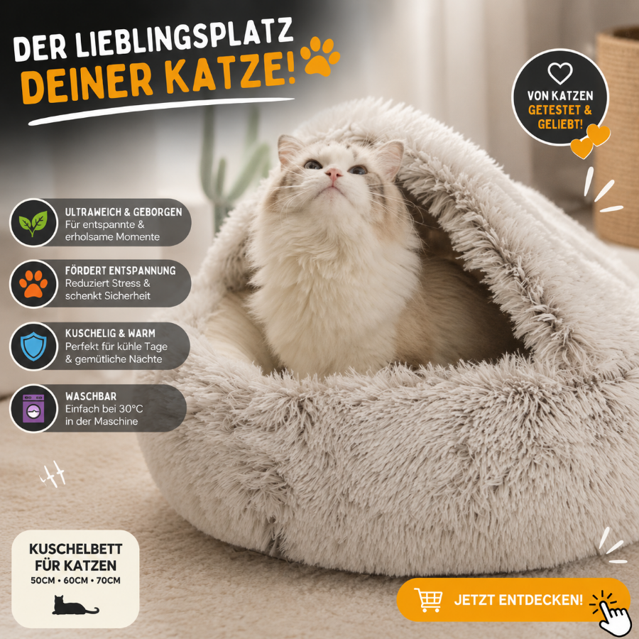 Katzoria™ Kuschelhöhle Deluxe – 2-in-1 Katzenbett & Schlafsack für warme Wintertage