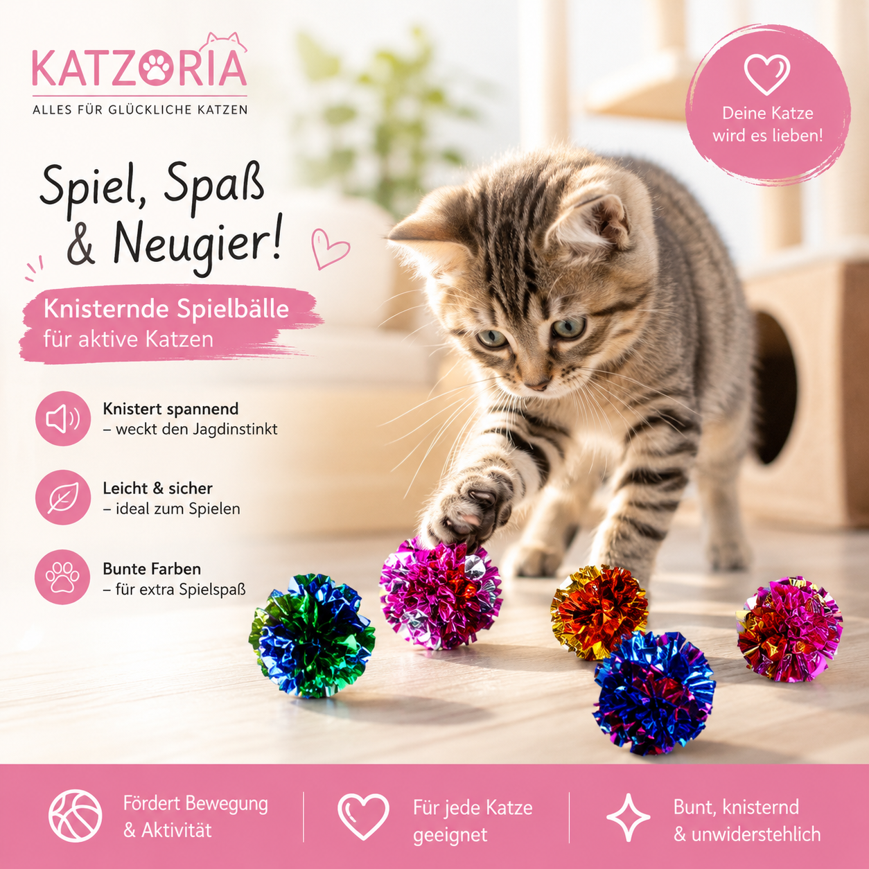 Katzoria Spielball mit Knistereffekt für Katzen – 5,5 cm 10 Stück
